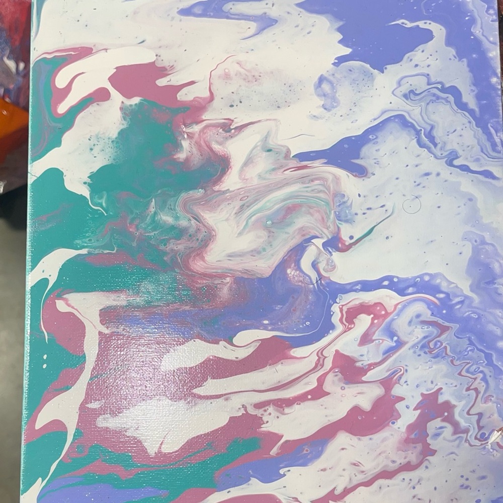 Pink and Green Abstract Painting with Fluid Art Swirls
